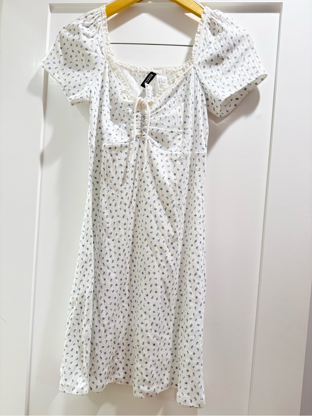 H&M White Mini Dress with Blue Floral Print and Tie Front
